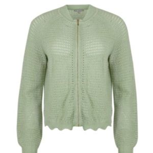 Pointelle Stitch Sage Green Knitted Bomber Jacket